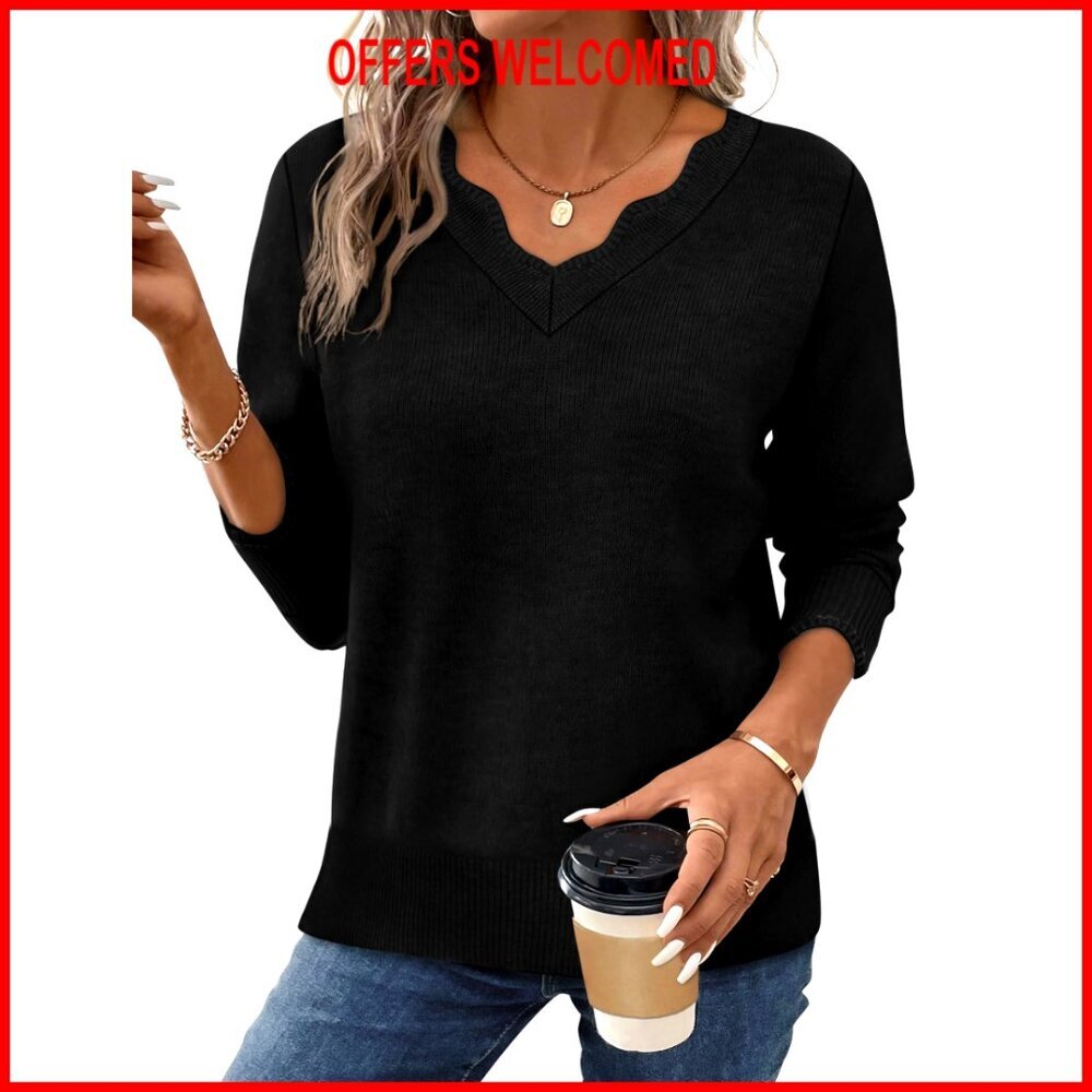 V-Neck Pullover Sweater Cozy Lightweight Long Sleeve Top